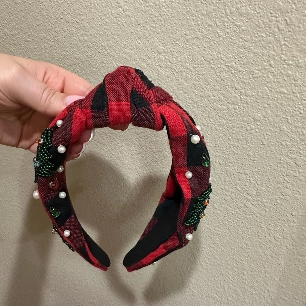 Plaid Red and Black Headband with Beaded Accents